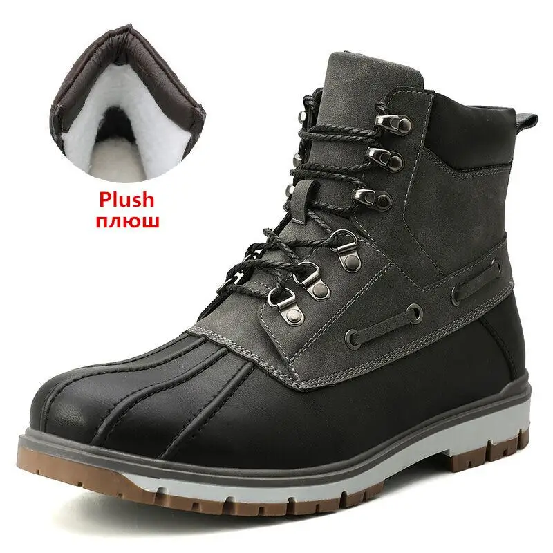 Brand Winter Men's Boots Thick Plush Warm Snow Boots Lace-UP Men Ankle Boots Outdoor Waterproof Men's Motorcycle Boots 38-47 - Цвет: Plush Black