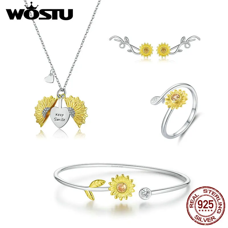 

WOSTU Authentic 925 Sterling Silver Sunflower Jewelry Set Gold Color Zircon Open Ring & Stud Earring Necklace Bracelet For Women