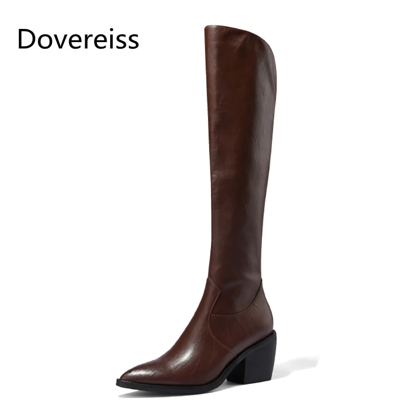 

Dovereiss Fashion Women's Shoes Winter new Elegant Pointed toe Zipper leather Chunky heels Knee high boots Concise Mature 34-43