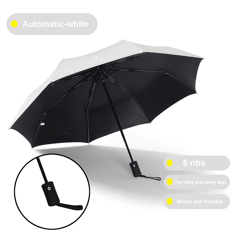 Автоматический складной зонт с защитой от ультрафиолета, мужской черный Ветрозащитный Зонт с 8 металлическими каркасами, зонт от солнца и дождя с черным клеевым покрытием - Цвет: Automatic-White