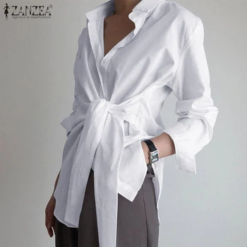 

Fashion Women Long Sleeve Blouse ZANZEA Casual Lace Up Shirts Elegant Lapel Neck OL Asymmetric Tops Spring Blusas Femininas 7