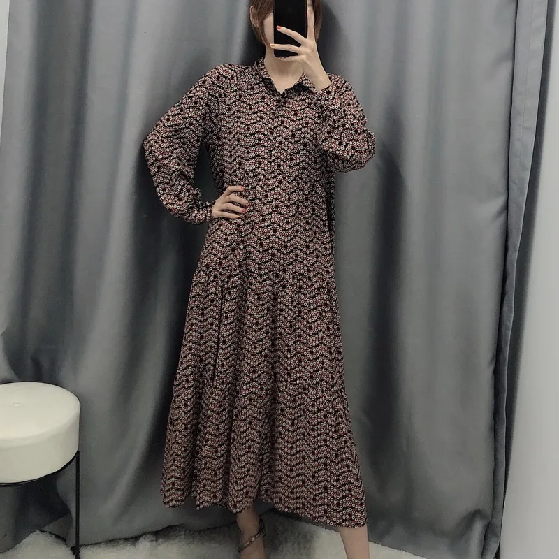 Длинное женское платье, осень, новая мода, винтажный принт, длинный рукав, Feminino Vestidos