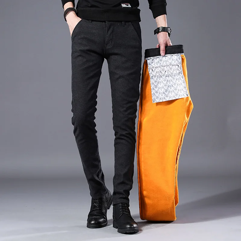 Winter Warm Male Soft Long Fleece Straight Slim Stretch Pants Thickening Business Casual Middle-aged Young Men's Trousers | Мужская