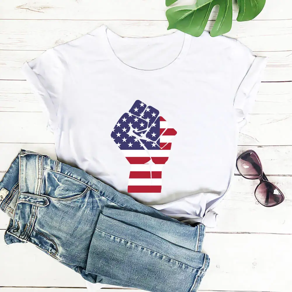 

Powerful American Flag 100%Cotton Women Tshirt Unisex July 4th Summer Casual Short Sleeve Top 4th Of July Shirt Holiday Tee
