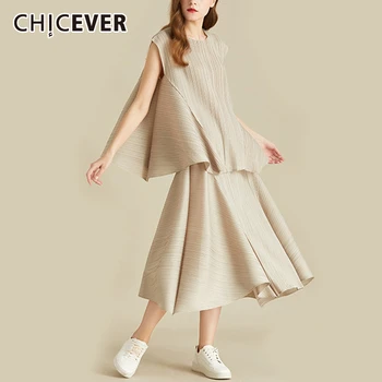 

CHICEVER Korean Two Piece Set Women O Neck Sleeveless Tank T-shirt High Waist Midi Skirt Ruched Suits Female 2020 Clothes New
