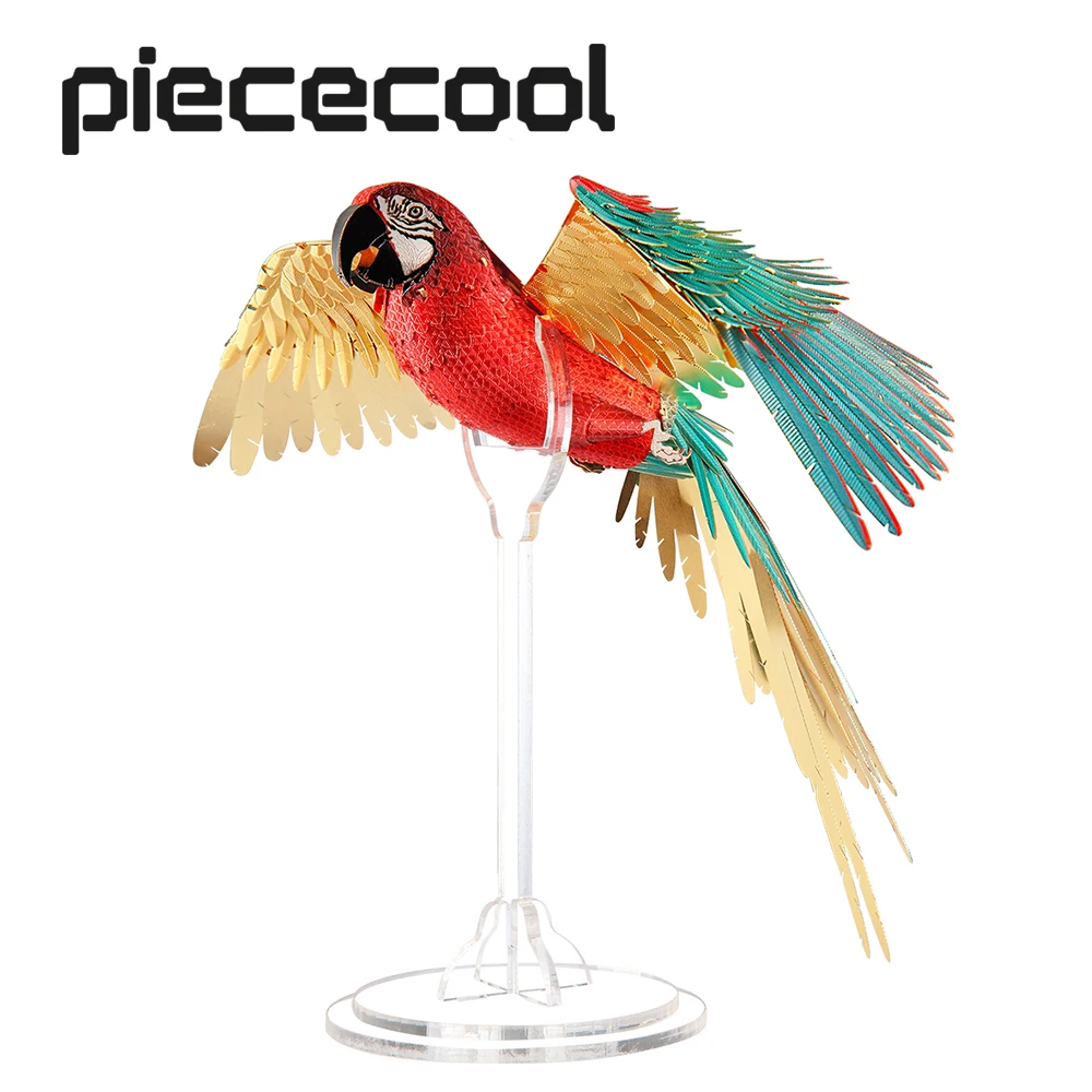 Piececool 3D 금속 퍼즐-아크릴 스탠드가있는 스칼렛 잉꼬 DIY 모델 키..