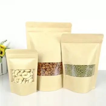 

Zip-lock Stand Up Front Clear Window Kraft Paper Bags Recloseable Kraft Moistureproof Packaging Storage Nut Snacks Tea Pouches