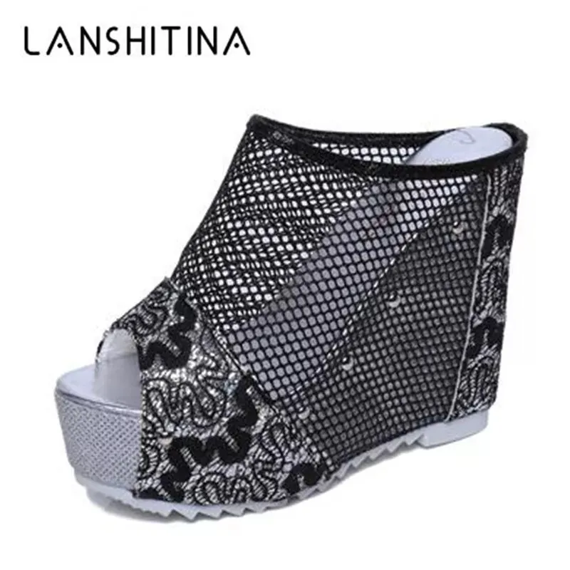 

Summer Net yarn High heels 2020 New Women 12CM Wedges Sandals Platform Slippers Lace Increase Peep Toe Shoes Feminina Chaussures