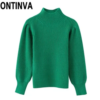 

Female Green Color High Turtleneck Puff Sleeve Autumn Winter Warm Jumper Knitwear Pullover Vintage Fashion Knitted Sweater Tops