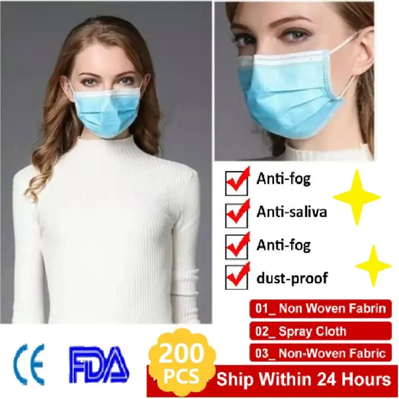 

200pcs High Quality Disposable Anti Dust Mask Mouth Face Mask Surgical 3 Ply Respirator Dust Mouth Face Mask PK N95 Fpp2 Ffp3