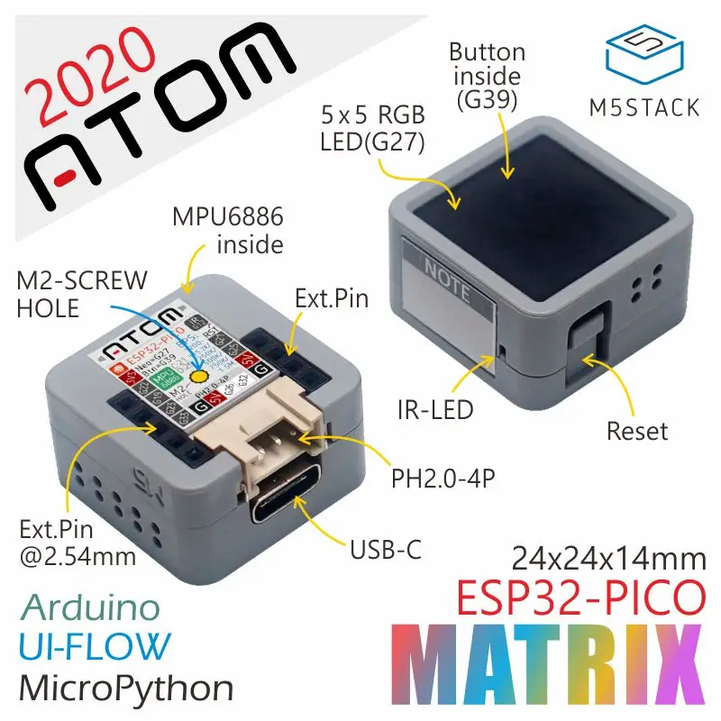 M5Stack Official 2020 New Arrival ATOM Matrix ESP32 PICO Development Kit Arduino IMU Sensor Python afbeelding