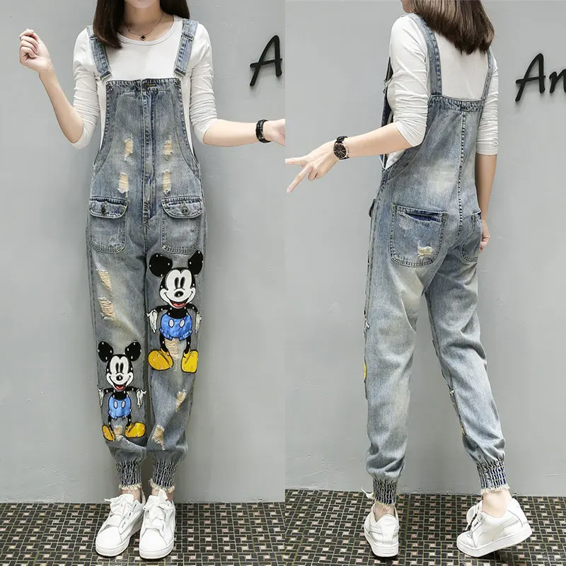 Весна и осень стиль с крупными блестками индивидуальность мультфильм джинсовые комбинезоны свободные соединения девять брюки