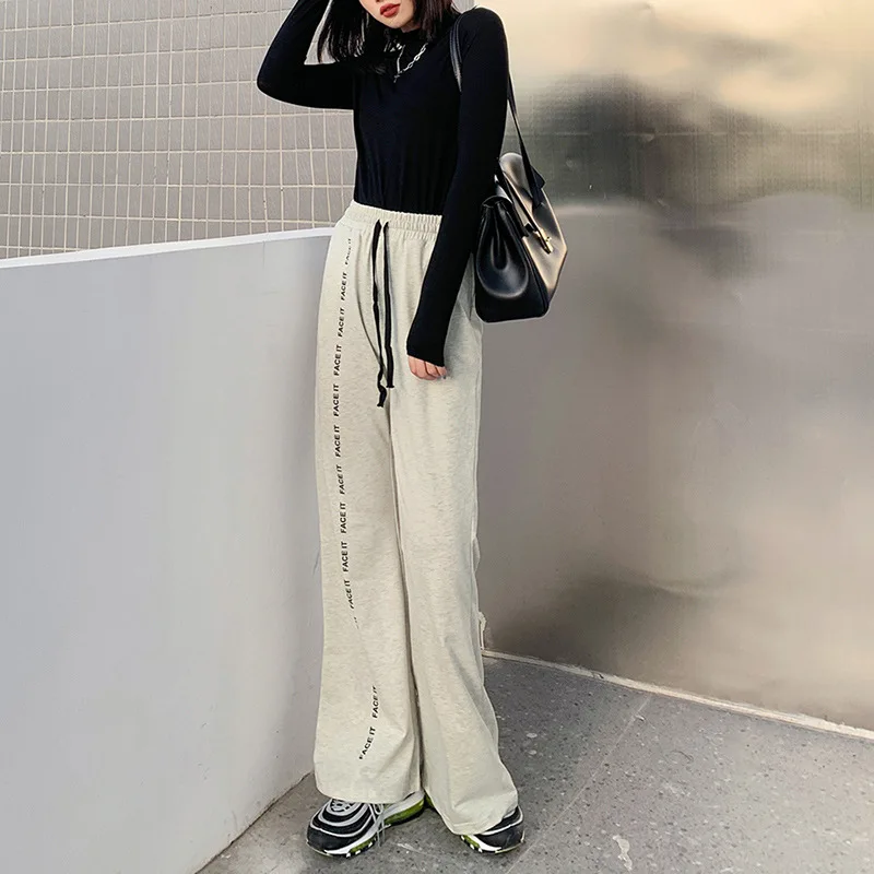 

Autumn Loose Letter Print Pants Women Casual Sweatpants Wide Leg Pants Streetwear High Waist Drawstring Lace Up Femme Bottoms
