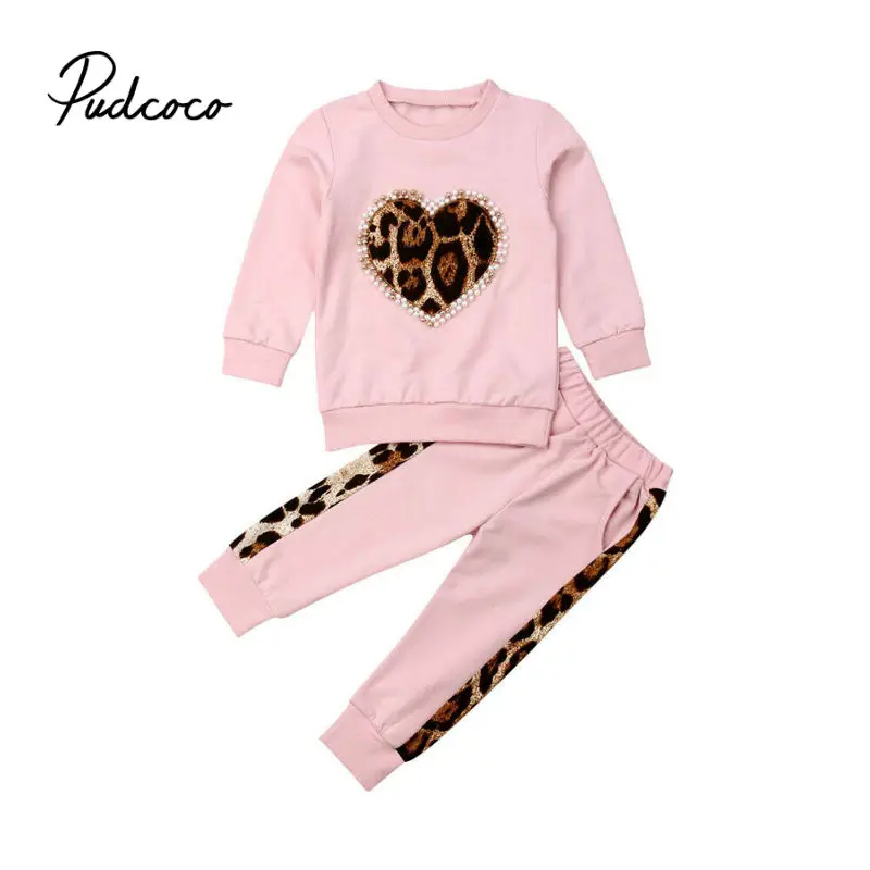 Pudcoco/брендовые комплекты осенне-зимней одежды для маленьких девочек леопардовые топы с длинными рукавами розового цвета длинные штаны спортивный костюм