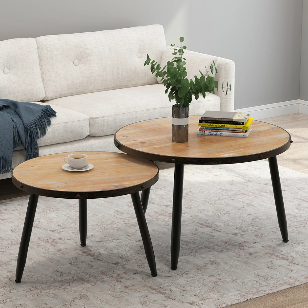 

Tribesigns Industrial Nesting Coffee Table Set of 2, Round End Side Table