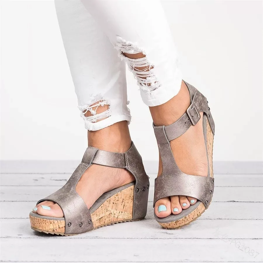 

Peep Toe Wedges Rome Gladiator Women Sandals Med Big Size Solid Buckle Boho Shoes Ankle Strap Elegant Casual Sandals PU