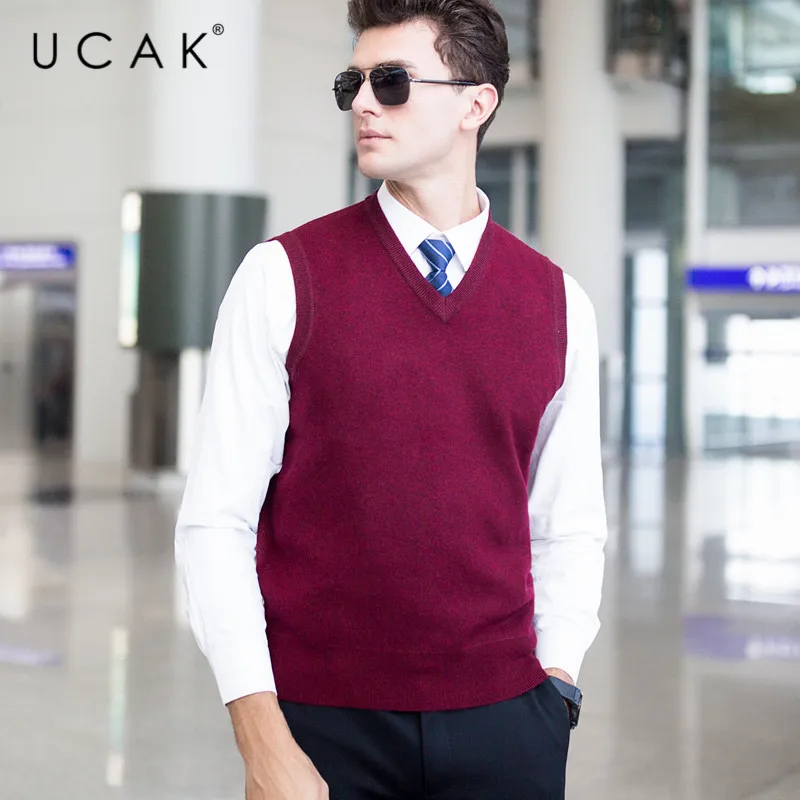 Blog UCAK Brand Pure Merino Wool Sweater Vest 2019 New Arrival Casual Autumn Winter Solid V-Neck Pull Homme Streetwear Sweaters U3110