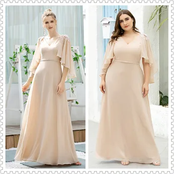 

Plus size evening dress summer V-neck solid color chiffon applique floating sleeve high waist dress female bridesmaid dress