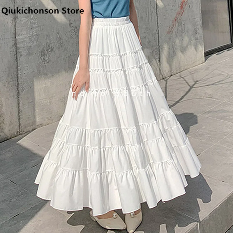 Qiukichonson Summer Skirts Women Fashion Cute Frilly Stitching High Waist A-Line Ruffle Long Midi Chiffon Skirt White Black