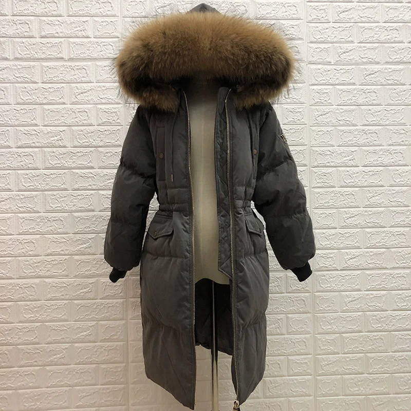 Стиль, пуховик, женский, средней длины, корейский стиль, модный, толстый, с капюшоном, енотовая собака, большой меховой воротник, Натуральная шерсть, East G