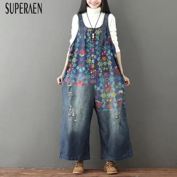 

SuperAen Fashion Jeans Women Overalls Printed Pluz Size Wild Casual Ladies Jeans Wide-Leg Pants Spring New 2020 Women Clothing