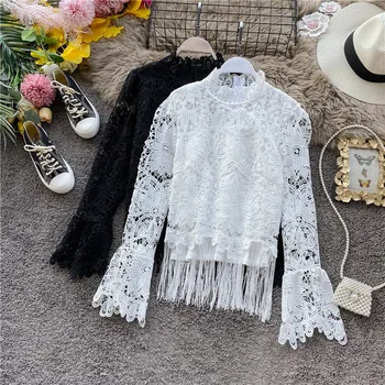 

Autumn Retro Stand Collar Hollow Long Sleeve Temperament Tassel Long Sleeve Lace Shirt Top