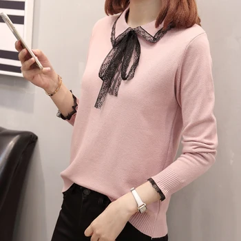 

Plus Size 3XL 2019 Spring Autumn New Women's Lace Bow Loose Knit Bottoming Shirt Sweater Female L3865