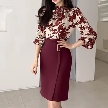 

2020 Spring Women Suits Print Long Lantern Sleeve Shirt Slim Fit Hip Mini Skirt Two Piece Set