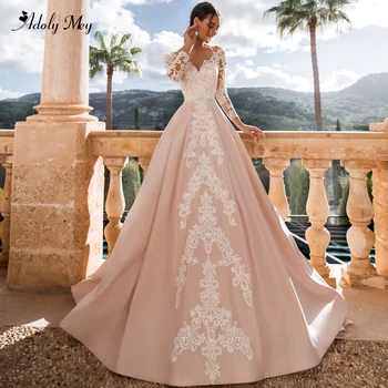 

Adoly Mey Romantic Scoop Neck Long Sleeve A-Line Wedding Dress 2020 Luxury Beaded Sashes Appliques Satin Court Train Bridal Gown