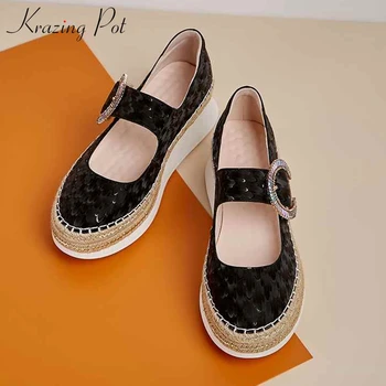 

Krazing pot print genuine leather thick bottom fashion crystal buckle straps round toe high heels women daily wear pumps L16