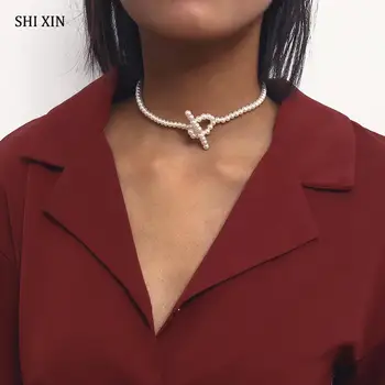 

SHIXIN Korean Fashion Designer Pearl Necklace for Women Lovely Short Choker Collar White Beads Collier Femme 2019 Lady Jewelry