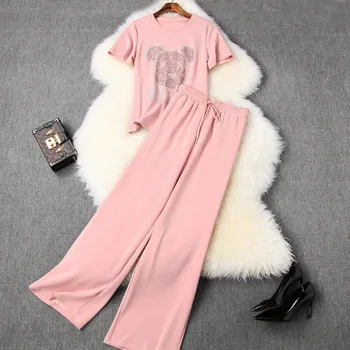 

Pant Suits Summer Women 2020 New Round Neck Short Sleeved T-Shirt Top + Elastic Waist Wide Leg Pants Fashion Casual Sports Suit