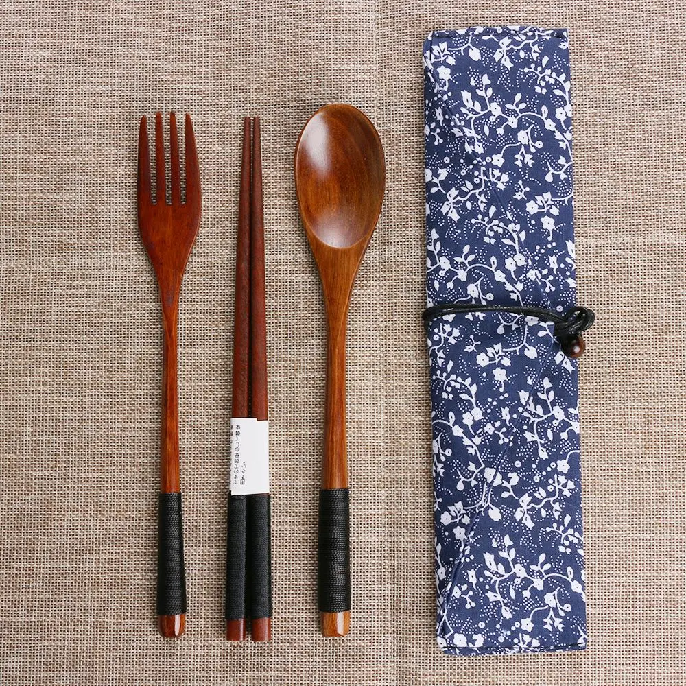 Description Picture 6 of itemJapanese Style Wooden Cutlery Sets Spoon Fork Chopsticks Portable Tableware Travel Dinnerware Suit with Cloth Pack Birthday Gift