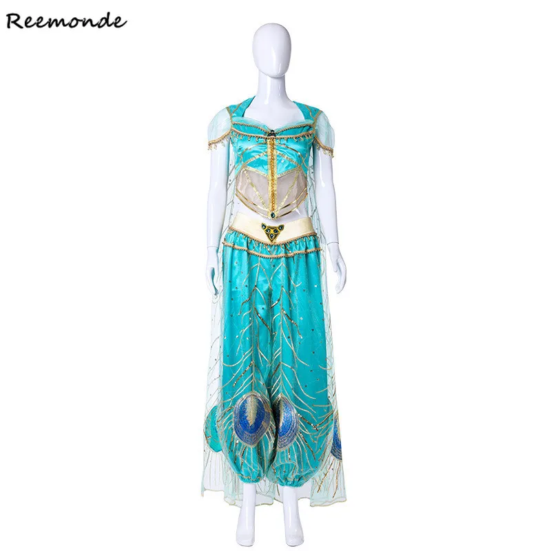 

Movie Aladdin Cosplay Costume Jasmine Princess Dress Top Pants Suit Full Set Synthetic Wigs Hair Women Girls Halloween Party