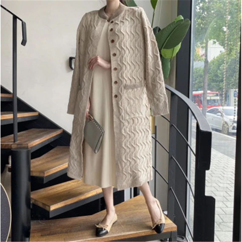 

Mid-length Over-the-knee Straight Three-dimensional Pattern Women Knitted Cardigan Single-breasted Chic Sweater Women's Jacket
