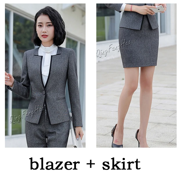 gray skirt set Офисная одежда для женщин 2 шт. блейзер и брюки или юбка комплект высокого качества Рабочая одежда - Цвет: gray skirt set
