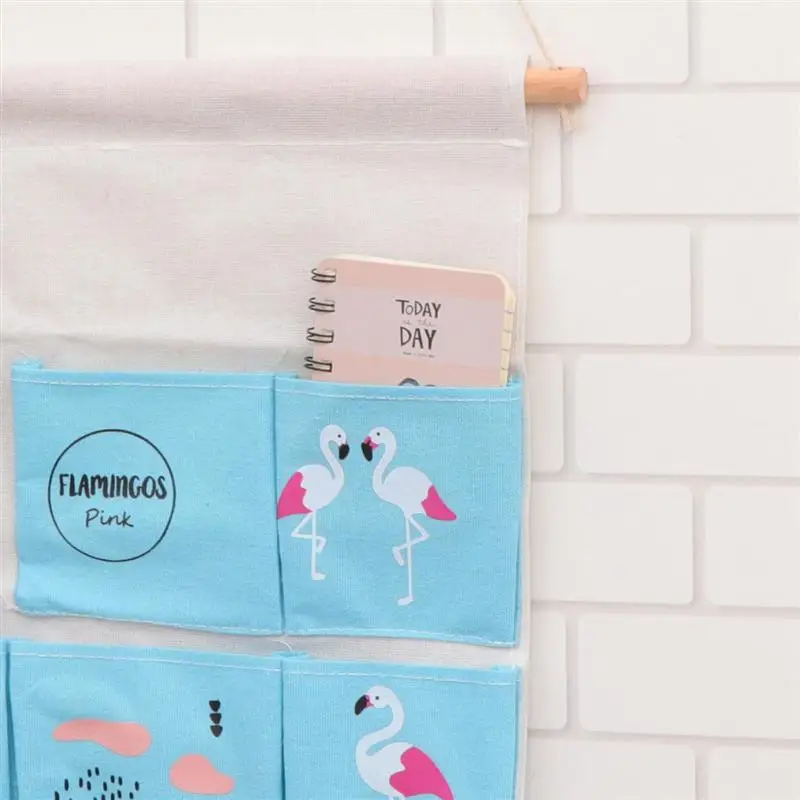 Linen Cotton Wall Muitiple Pockets Storage Bag Cute Door Back Hanging Sundries Cloth Organizer for Home Decor(Blue Flamingo