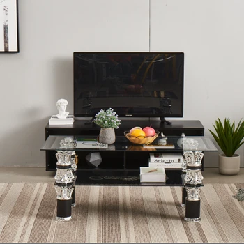 

Modern Tempered Glass Coffee Table 2 Tiers Living Room Coffee Table Black and Clear Glass Fast Delivery