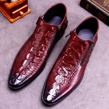 

2020 Fashion Mens Dress Boots Genuine Leather Crocodile Pattern Luxury Designer Handmade Work Pointed Ankle Boots