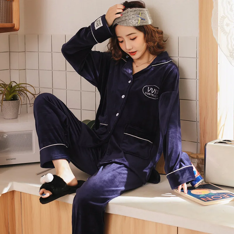 

New Style Autumn & Winter Pajamas Women Long Sleeve Cardigan Island Velvet Set Simple Solid Color Fresh Students Outer Wear Trac