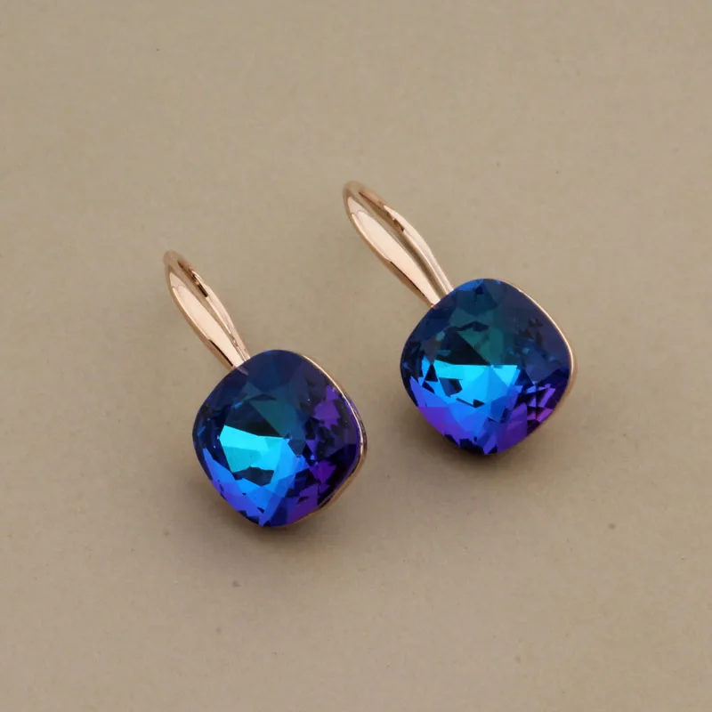 Drop Earrings Women 585 Rose Gold Color Square Blue Wedding Party Jewelry