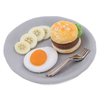 

Hamburger Egg Dish with Tray 1:12 Miniature Breakfast Set Dollhouse Kitchen Food Accessories