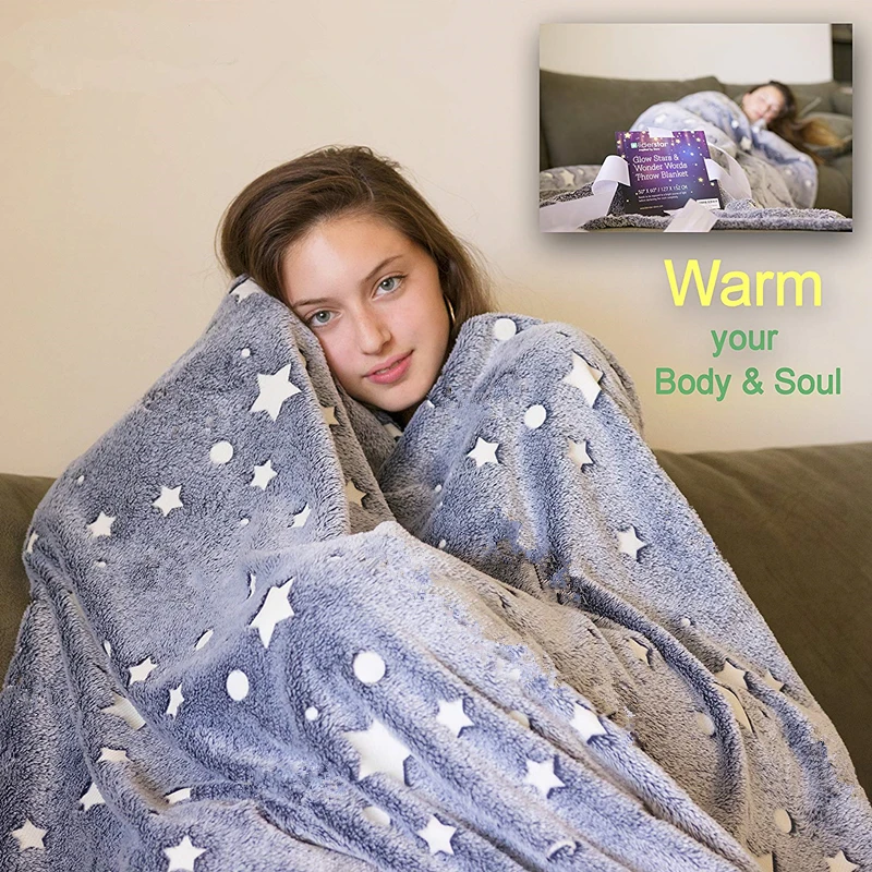 Magic Glow In The Dark Blanket Christmas Birthday Gift Home Textile Finished Star Moon Luminous Super Soft Fuzzy Fluffy Plush