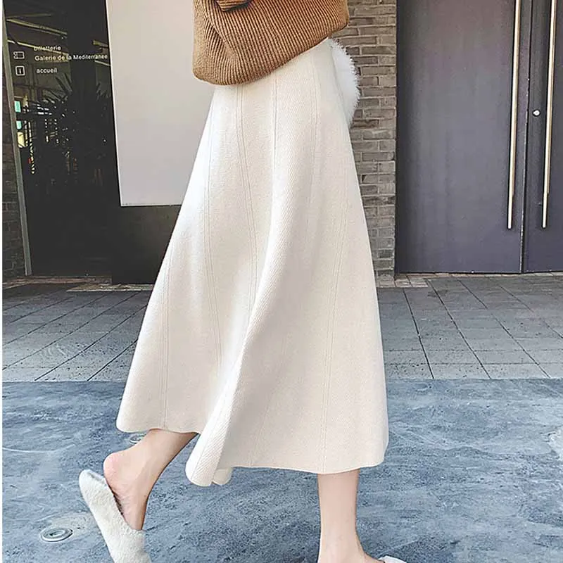 

Street hipster autumn winter wool skirt high waist thin solid knitted long A-word big swing skirts womens pleated skirt