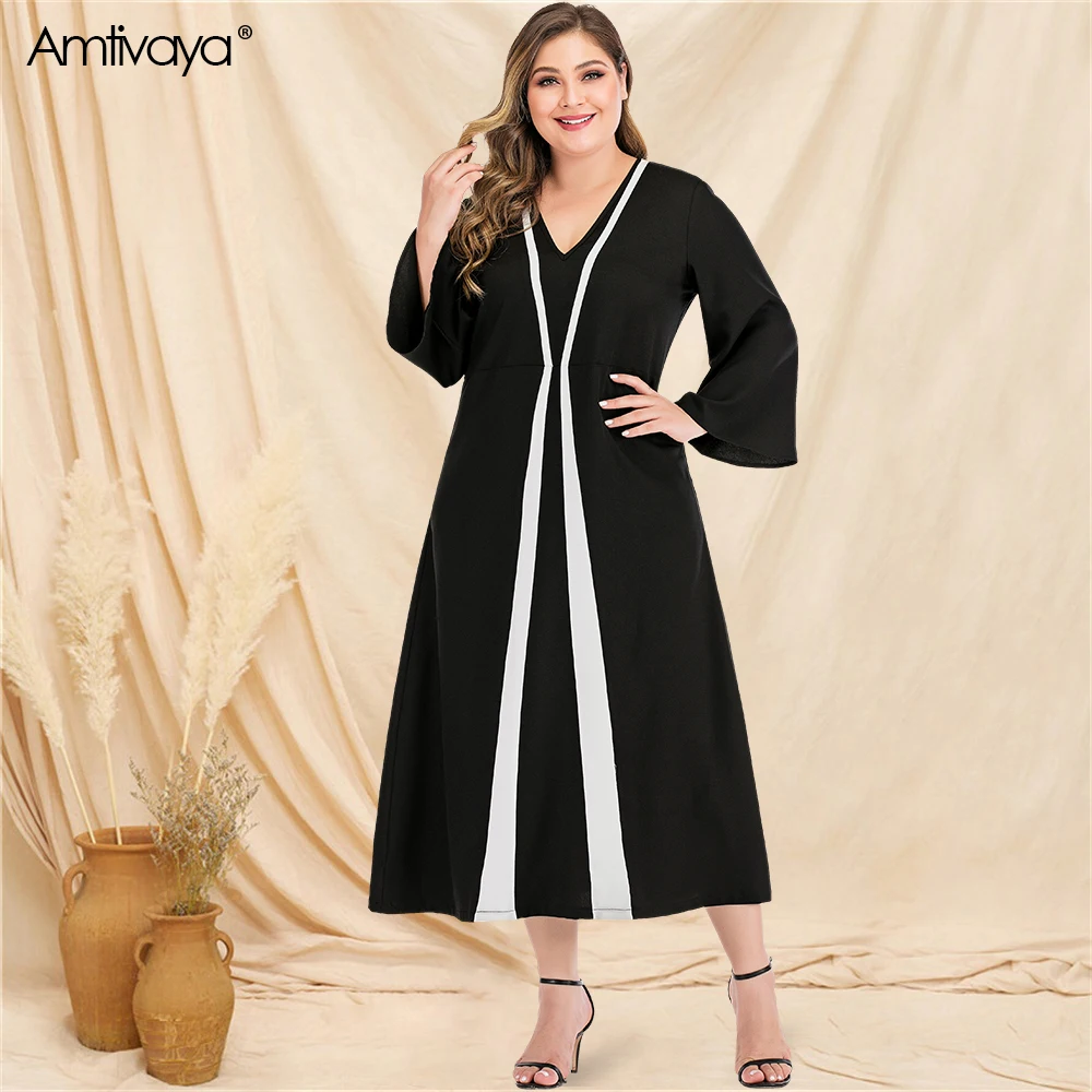 Comprar Amtivaya de talla grande A Line vestido moda negro blanco Hit Color Patchwork Mujer Vestidos Midi cuello en V manga larga otoño desgaste