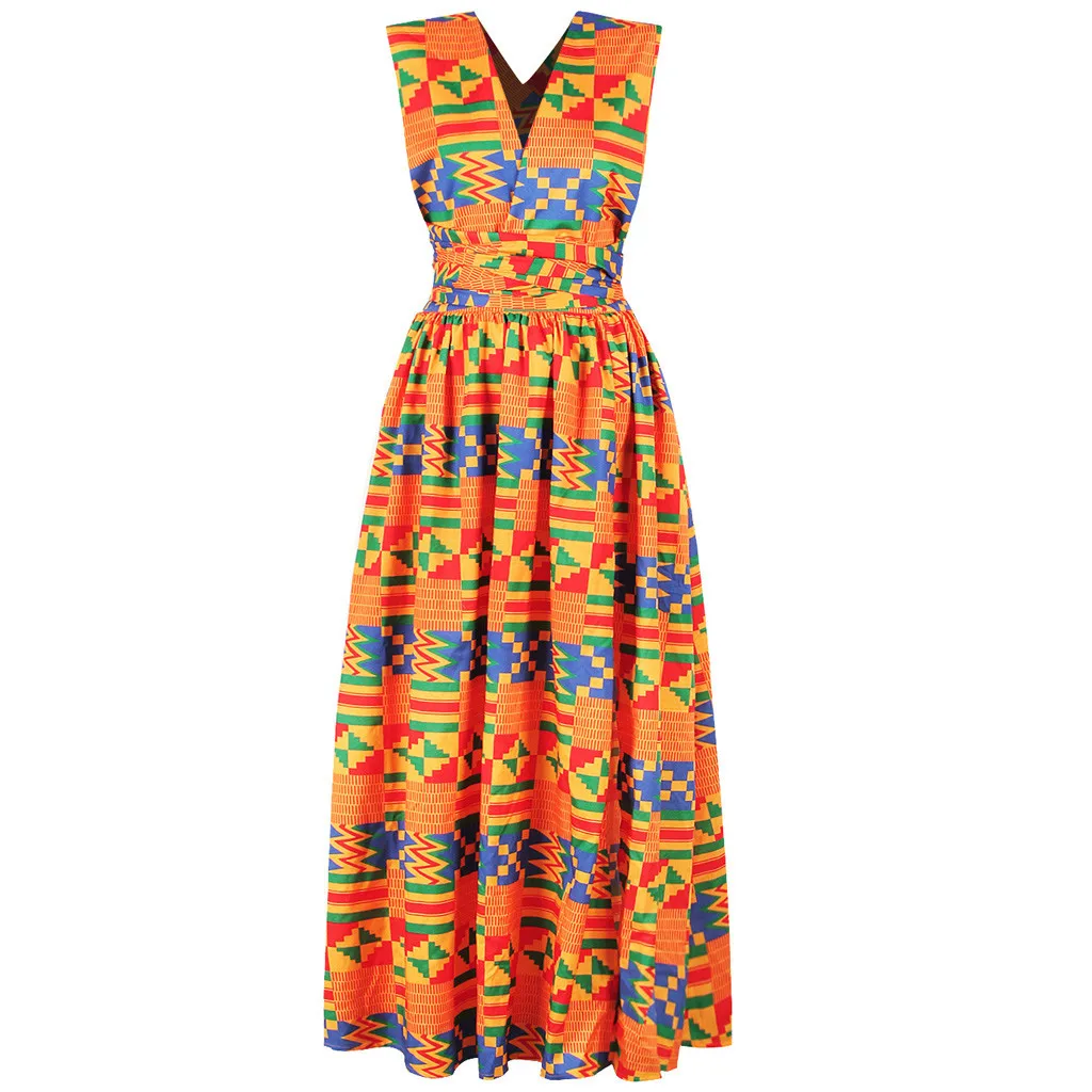 Feitong/Элегантные женские платья в богемном стиле; длинное платье с принтом в африканском стиле; сарафан без рукавов с высокой талией; свободные вечерние платья; Vestidos De Festa - Цвет: Оранжевый