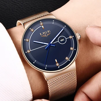

Relogio Masculino 2020 LIGE Fashion Mens Watches Top Brand Luxury Ultra Thin Quartz Watch Men Mesh Strap Waterproof Gold Clock