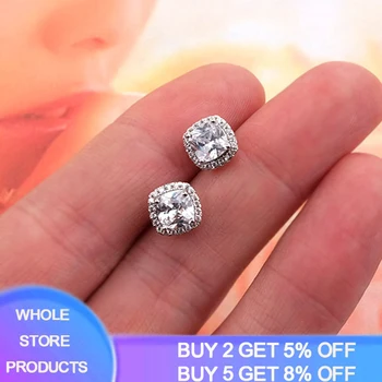 

With Certificate Silver 925 Earrings Fashion Square Shiny Cubic Zircon Double Stud Earrings For Women Christmas Gift HDE001
