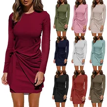 

2021 Autumn and Winter New Women's Pure Color Wish Casual Bag Hip Knotted Folds Waist Knotted Long-sleeved Dress Women