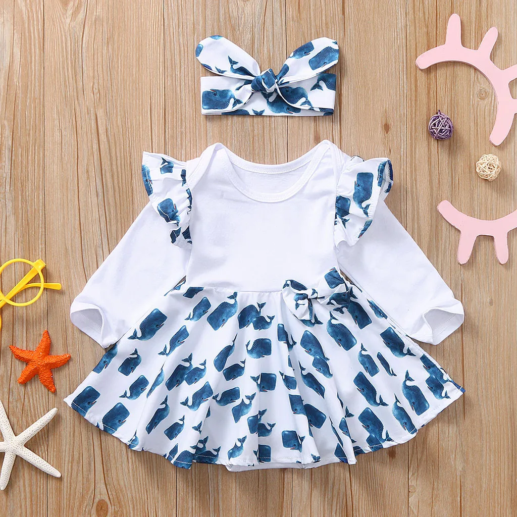 

baby girl dresses 6 months Cartoon Print Romper Bodysuit Dress baby girl dresses long sleeve newborn girl set with headband#G2